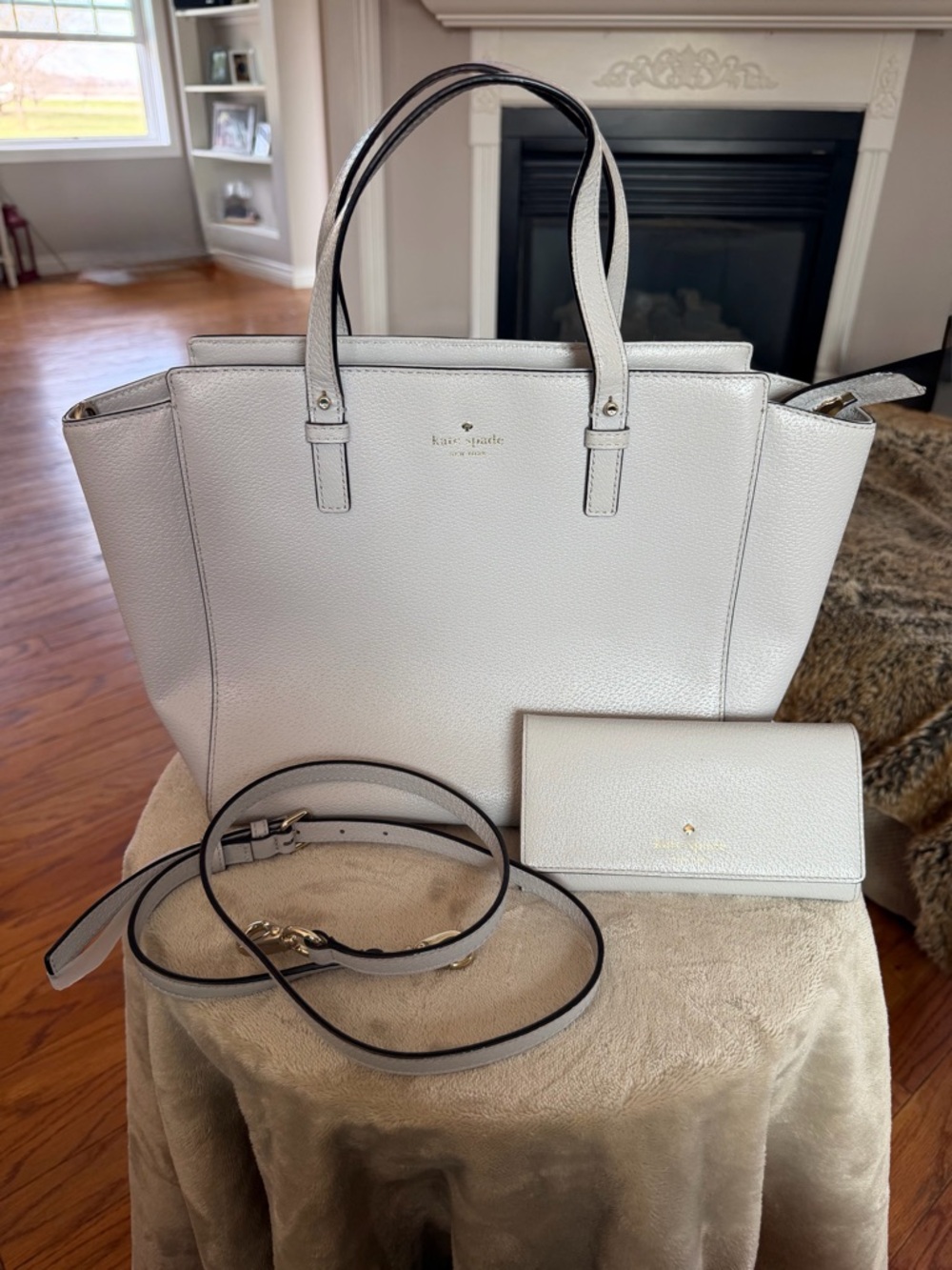 kate spade light gray Pebbled Leather Tote with Wallet and Strap